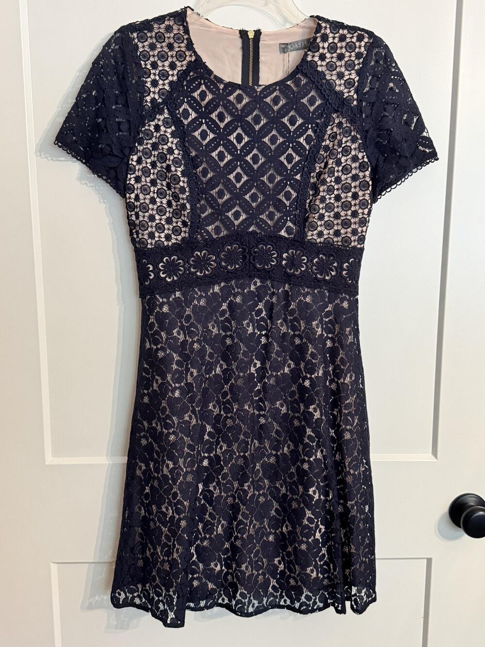 Oasis Dress Sz 10 Black Lace Floral Short Sleeve Fit Flare Knee Length Party CBK